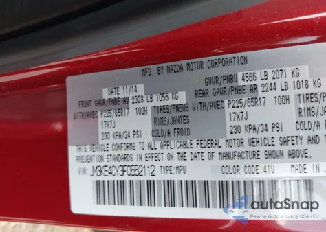 2015 Mazda Cx-5 Touring z USA, uszkodzony, nr VIN JM3KE4CY3F0552112